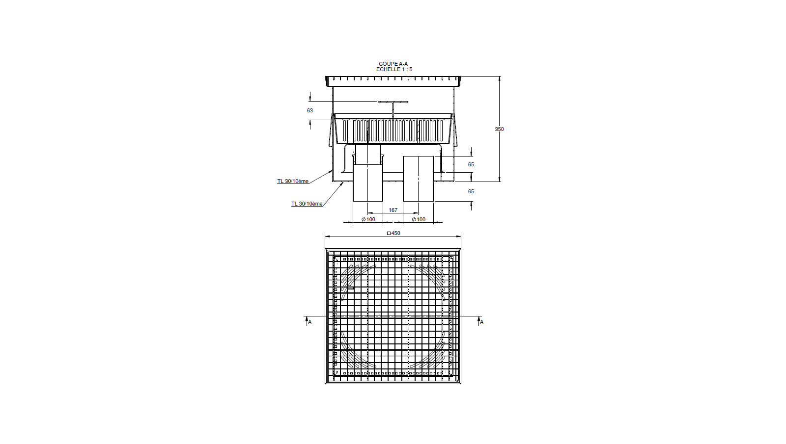Schéma - 45100DS - Floor drain trap 450x450 with double vertical outlet 100mm