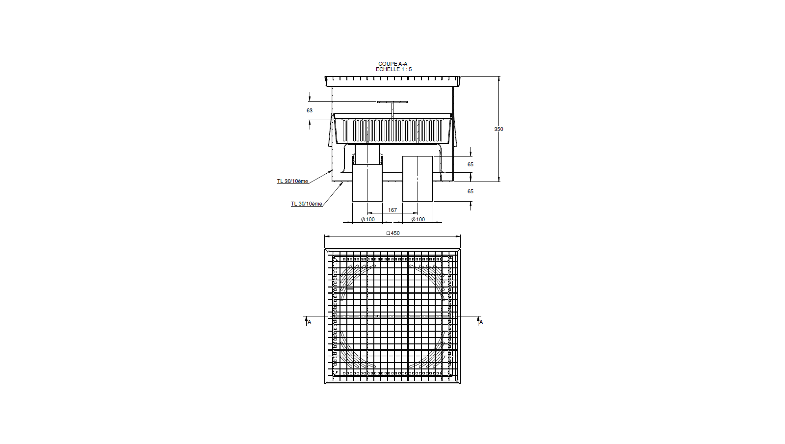 Schéma - 45100DS - Siphon 450x450 double sortie verticale 100mm