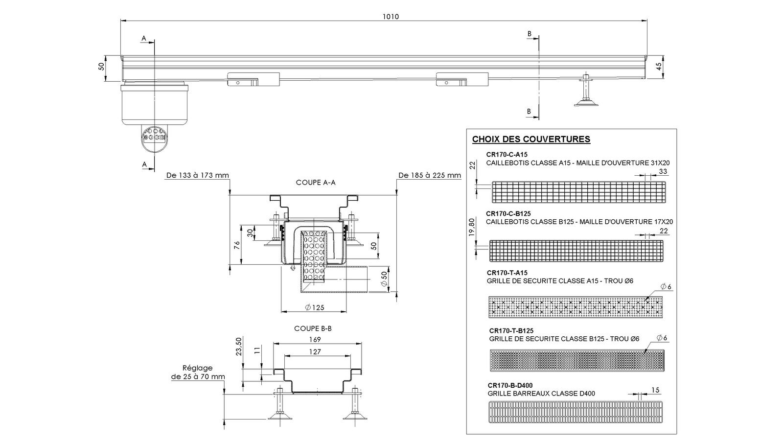 Schéma - MONORHONE170-FLB-10 - Monorhône® 1010 mm floor drain trap end with a side outlet 50 mm