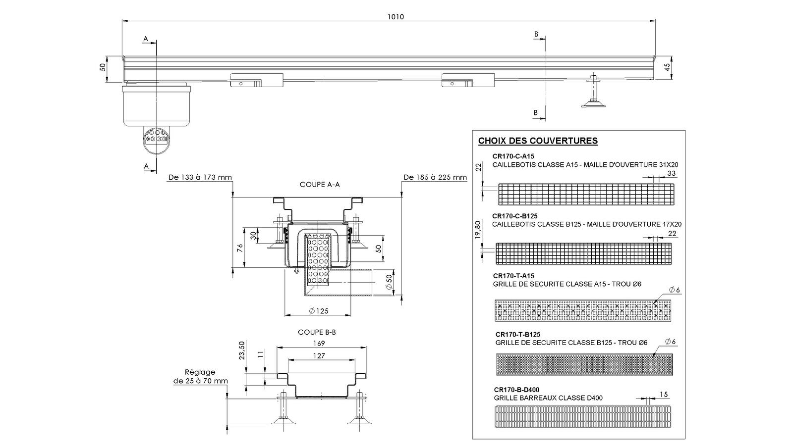 Schéma - MONORHONE170-FLB-10 - Monorhône® 1010 mm siphon en bout sortie latérale 50 mm