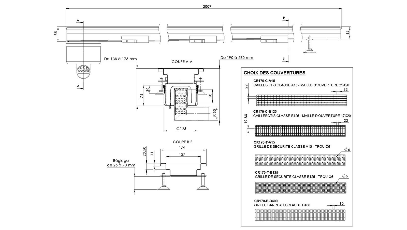 Schéma - MONORHONE170-FLB-20 - Monorhône® 2009 mm siphon en bout sortie latérale 50 mm