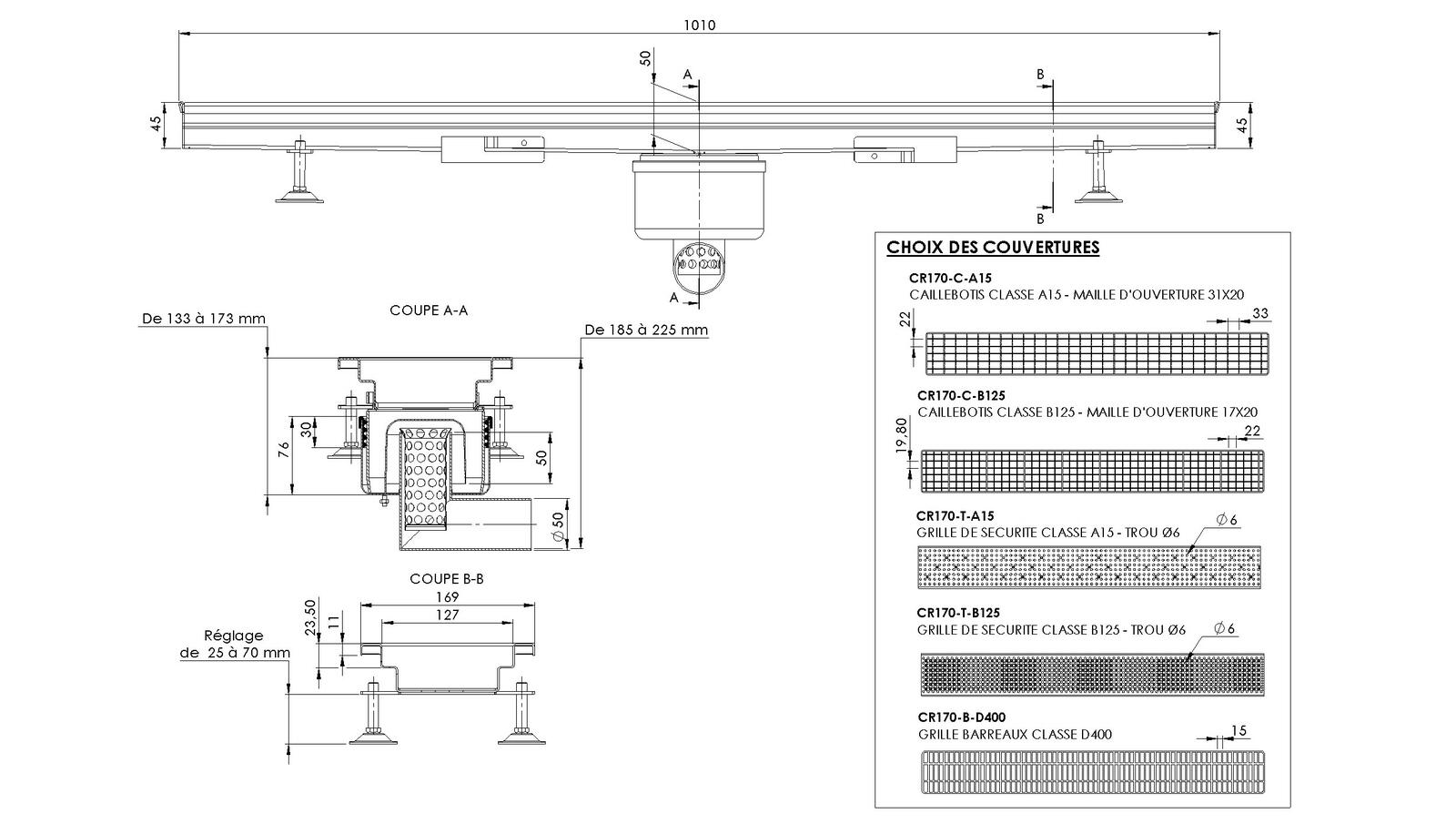 Schéma - MONORHONE170-FLC-10 - Monorhône® 1010 mm siphon au centre sortie latérale 50 mm