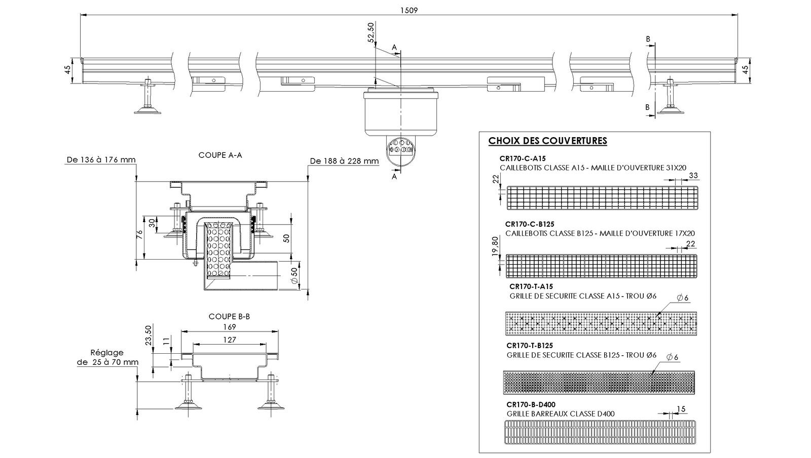 Schéma - MONORHONE170-FLC-15 - Monorhône® 1509 mm siphon au centre sortie latérale 50 mm