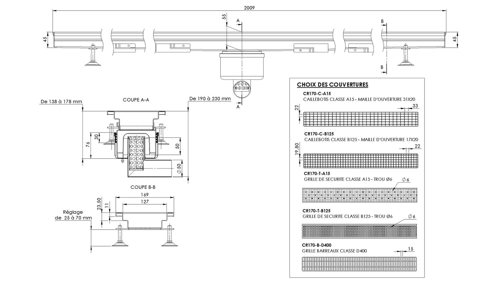 Schéma - MONORHONE170-FLC-20 - Monorhône® 2009 mm cental floor drain trap with a side outlet 50 mm