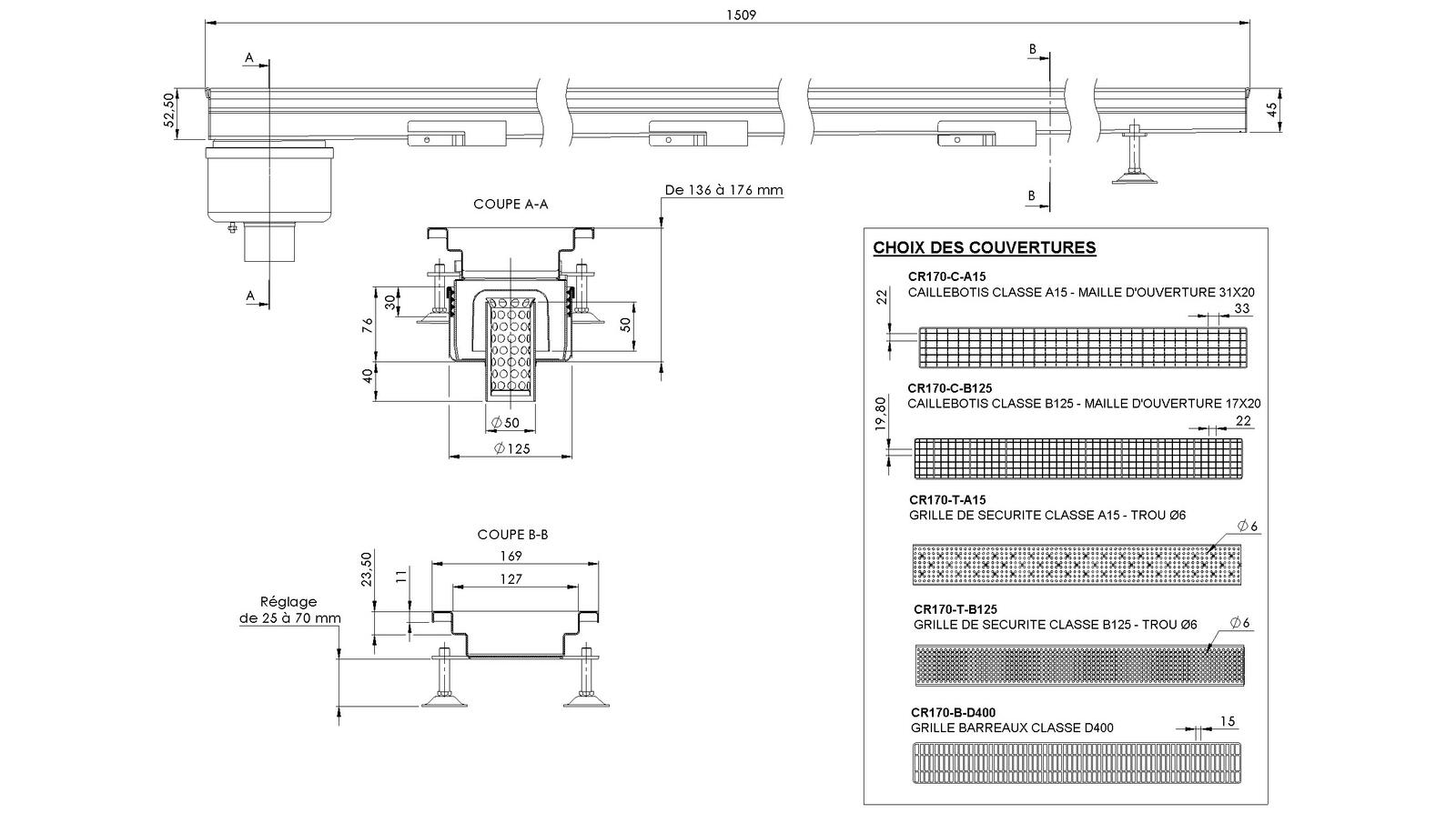Schéma - MONORHONE170-FVB-15 - Monorhône® 1509 mm siphon en bout sortie verticale 50 mm
