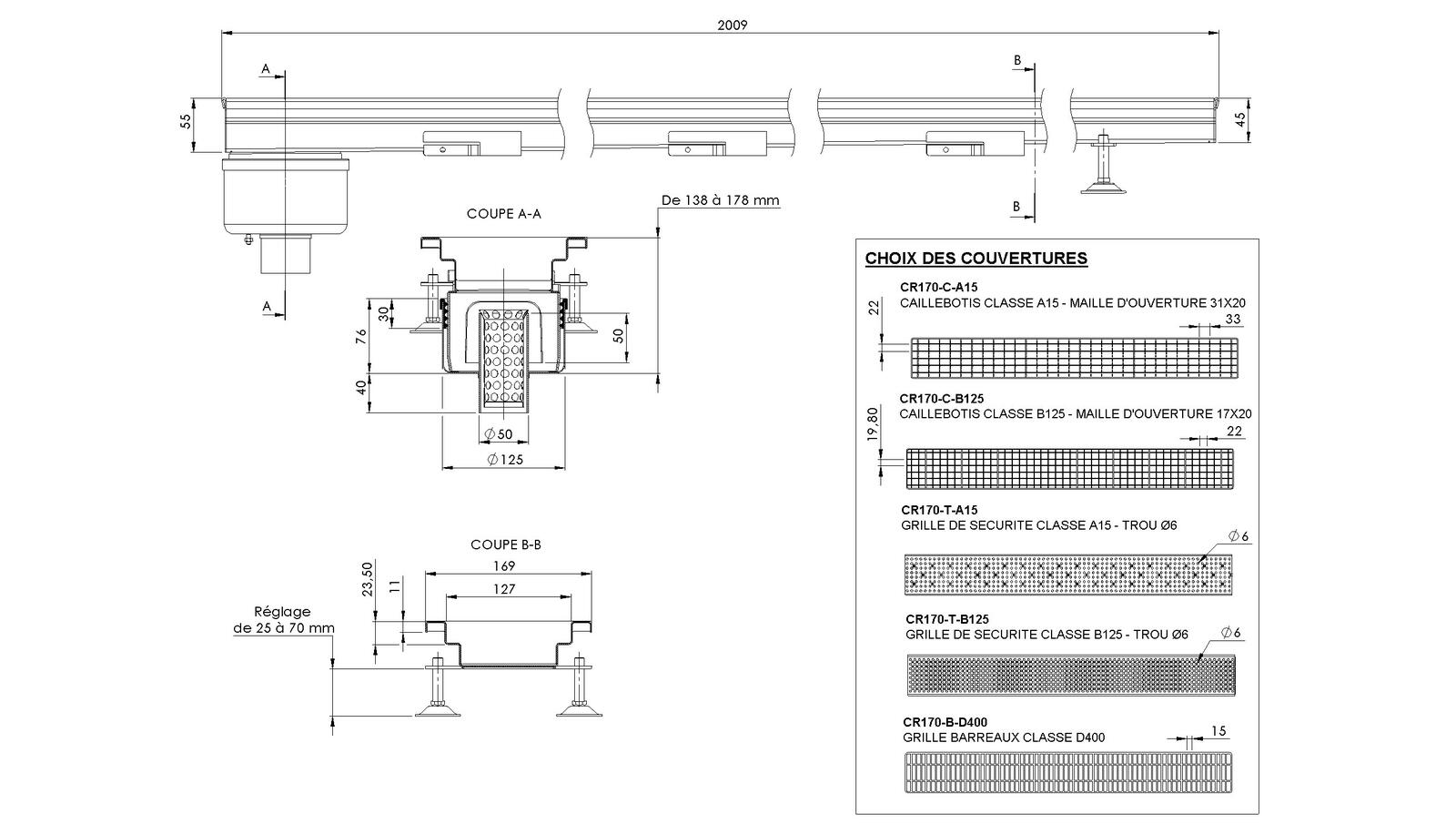 Schéma - MONORHONE170-FVB-20 - Monorhône® 2009 mm end floor drain trap with a vertical outlet 50 mm