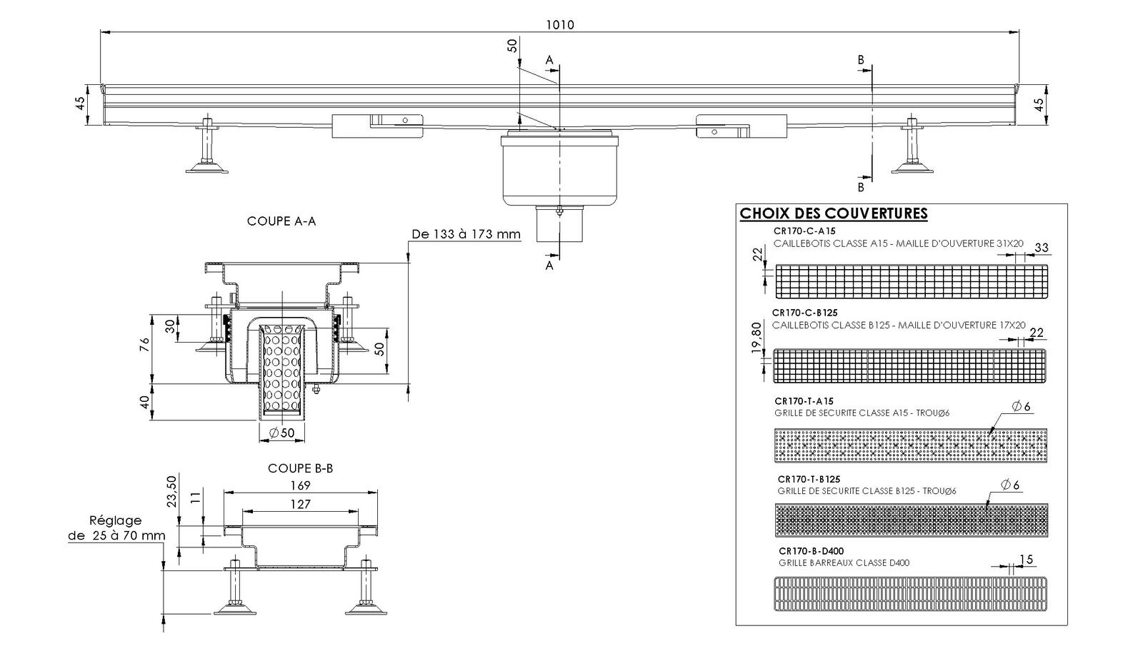 Schéma - MONORHONE170-FVC-10 - Monorhône® 1010 mm siphon au centre sortie verticale 50 mm