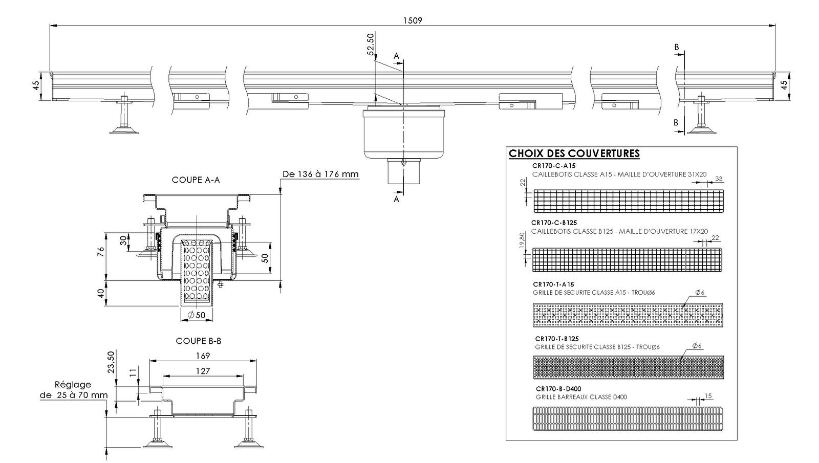 Schéma - MONORHONE170-FVC-15 - Monorhône® 1509 mm central floor drain trap with a vertical outlet 50 mm