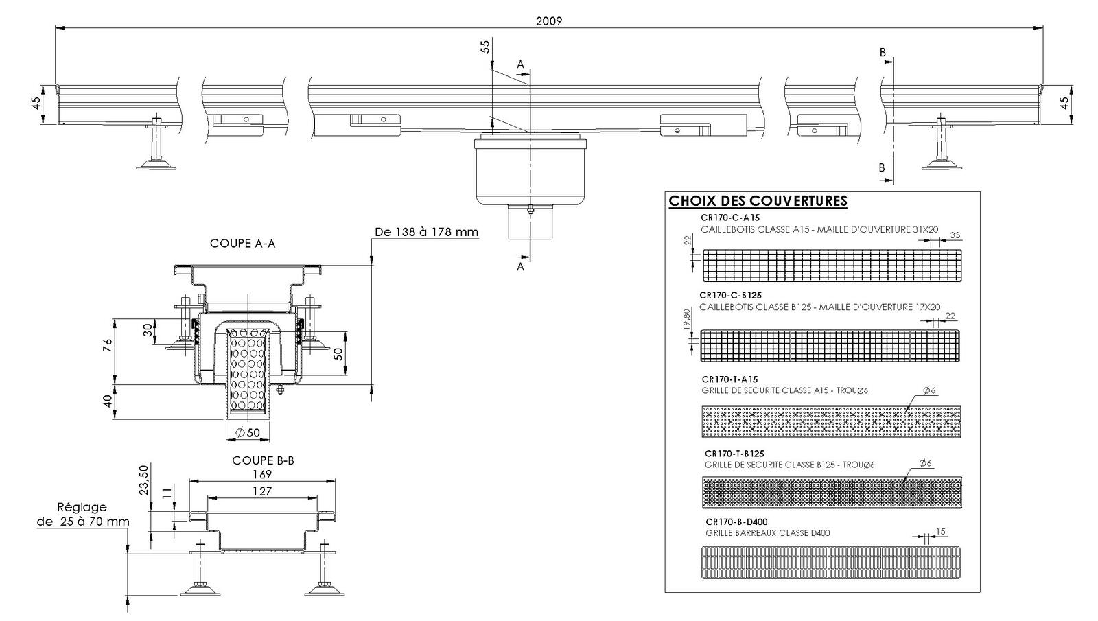 Schéma - MONORHONE170-FVC-20 - Monorhône® 2009 mm siphon au centre sortie verticale 50 mm