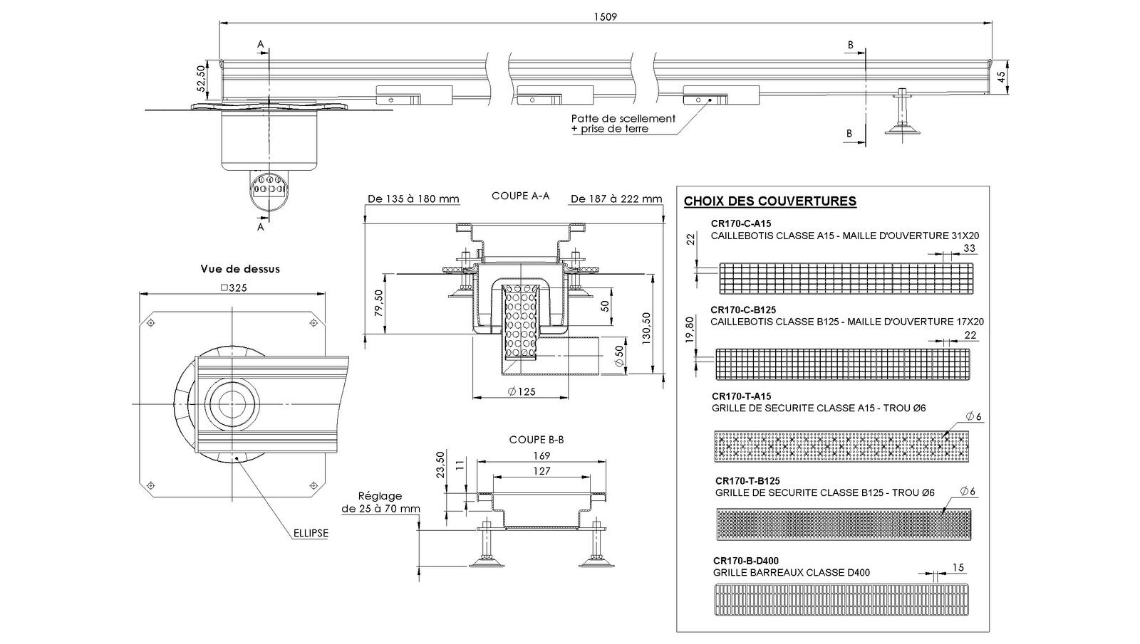 Schéma - MONORHONE170-TLB-15 - Monorhône® 1509 mm siphon en bout sortie latérale 50 mm