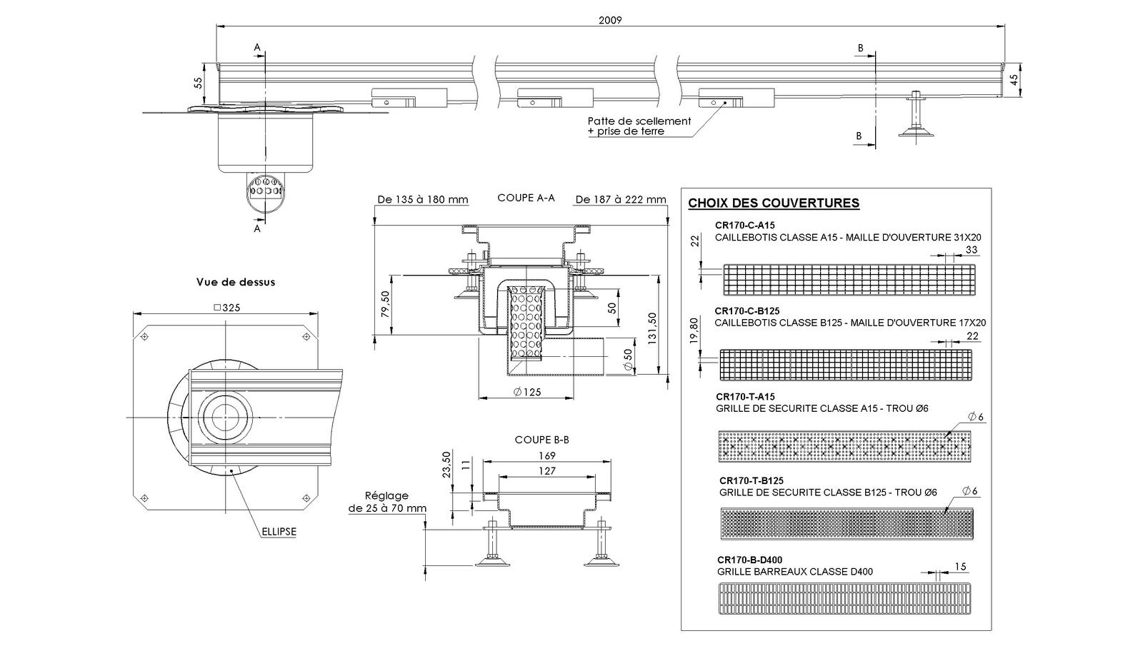 Schéma - MONORHONE170-TLB-20 - Monorhône® 2009 mm siphon en bout sortie latérale 50 mm