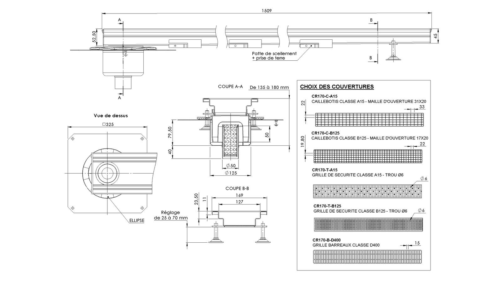 Schéma - MONORHONE170-TVB-15 - Monorhône® 1509 mm siphon en bout sortie verticale 50 mm