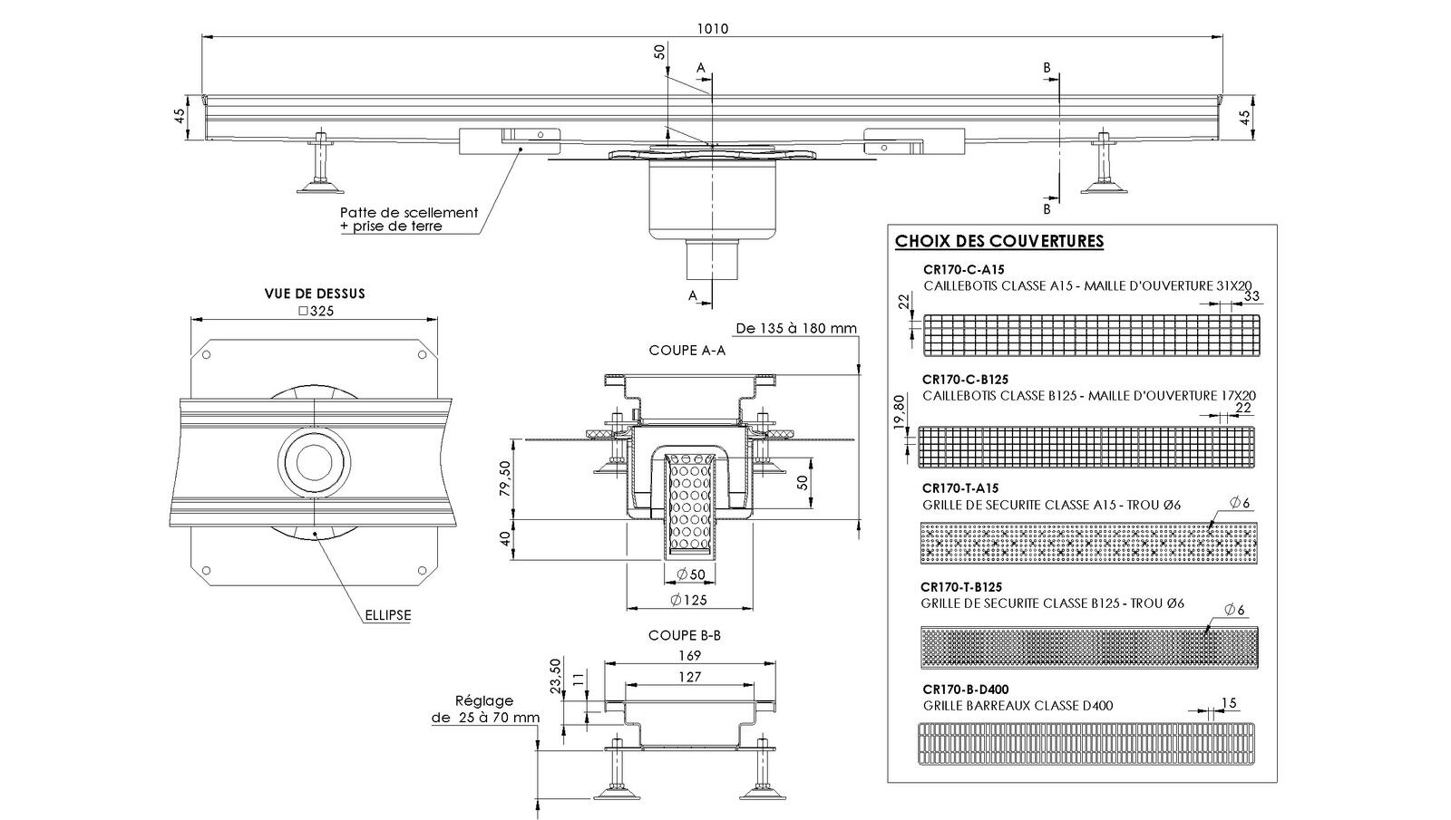 Schéma - MONORHONE170-TVC-10 - Monorhône® 1010 mm siphon au centre sortie verticale 50 mm