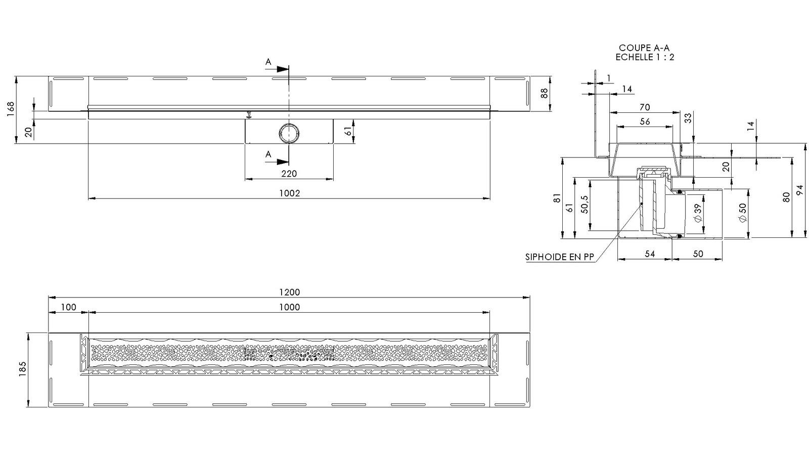 Schéma - RG100M-PERLE - Caniveau Rivage® 1000 mm version murale sortie latérale 50 mm