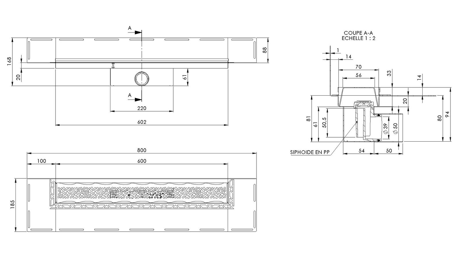 Schéma - RG60M-PERLE - Caniveau Rivage® 600 mm version murale sortie latérale 50 mm