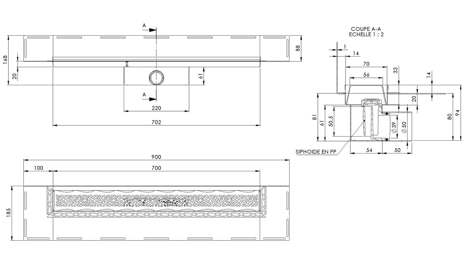 Schéma - RG70M-PERLE - Caniveau Rivage® 700 mm version murale sortie latérale 50 mm