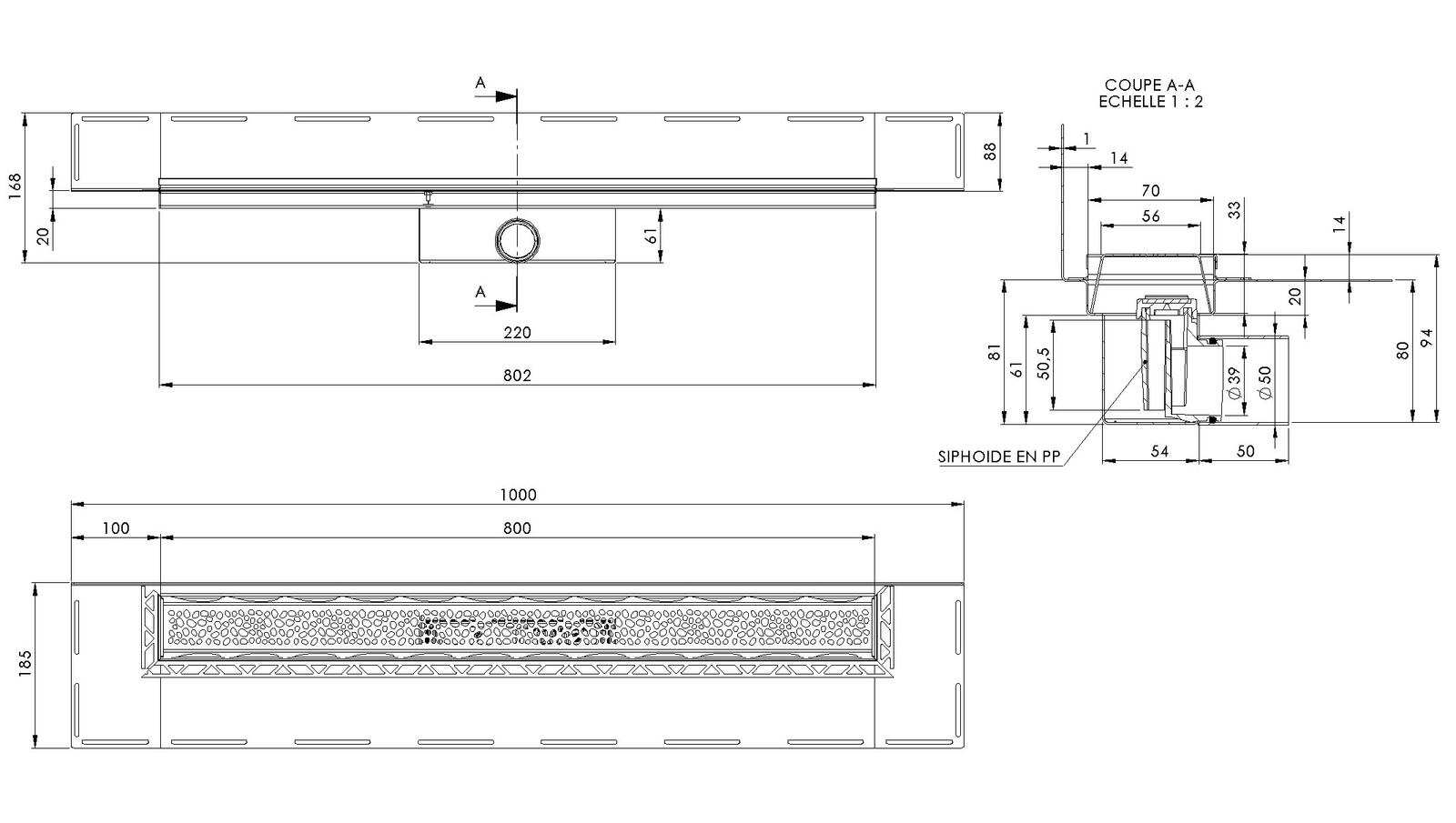 Schéma - RG80M-PERLE - Caniveau Rivage® 800 mm version murale sortie latérale 50 mm