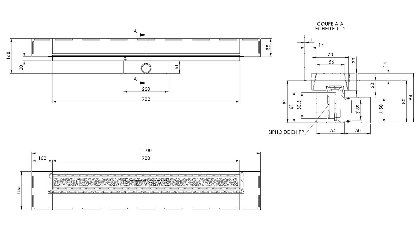 Schéma - RG90M-PERLE - Caniveau Rivage® 900 mm version murale sortie latérale 50 mm