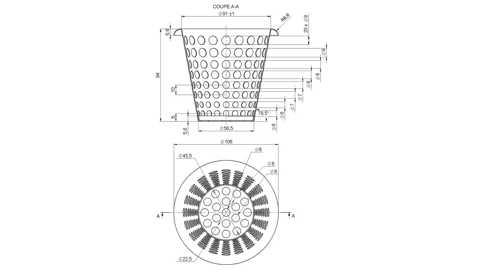 Schéma - P100 - Panier de filtration des déchets Ø100