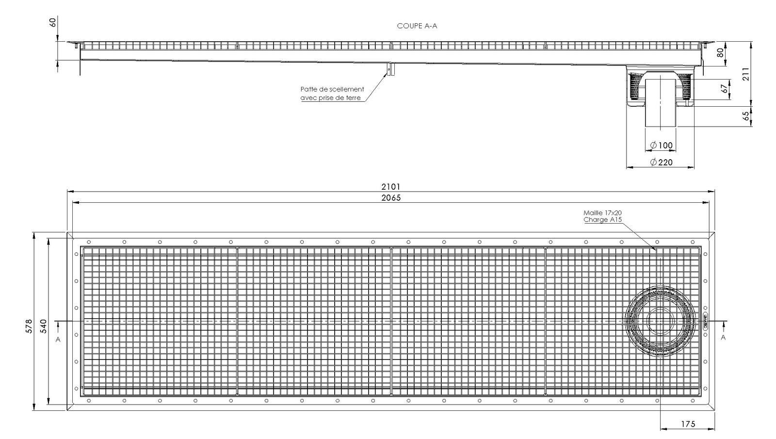 Schéma - RVZ5.20 - Rivière® drainage channel 2101x578 with a vertical outlet 100 mm