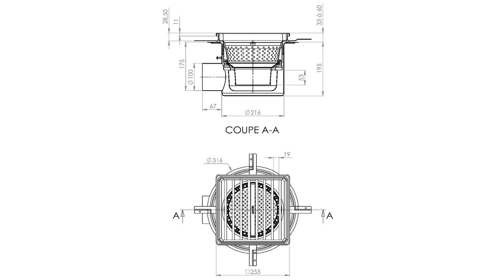 Schéma - 25100ILPB - Floor drain trap 255x255 with a side outlet 100 mm