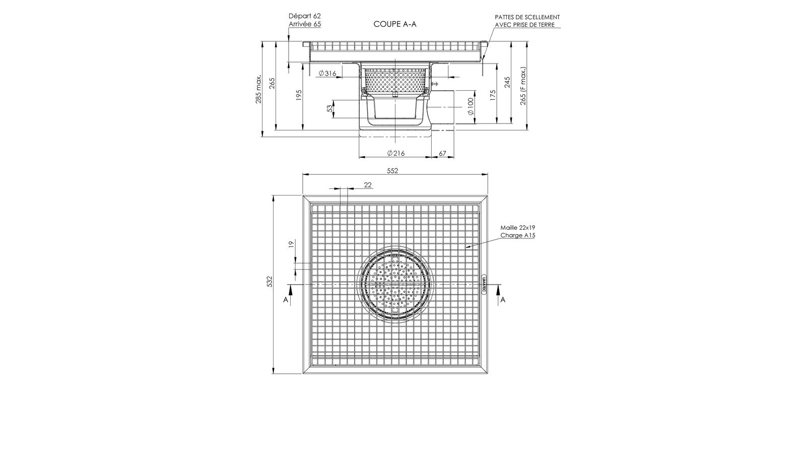 Schéma - RVIL5.5 - Caniveau Rivière® 552x532 à sortie latérale 100 mm