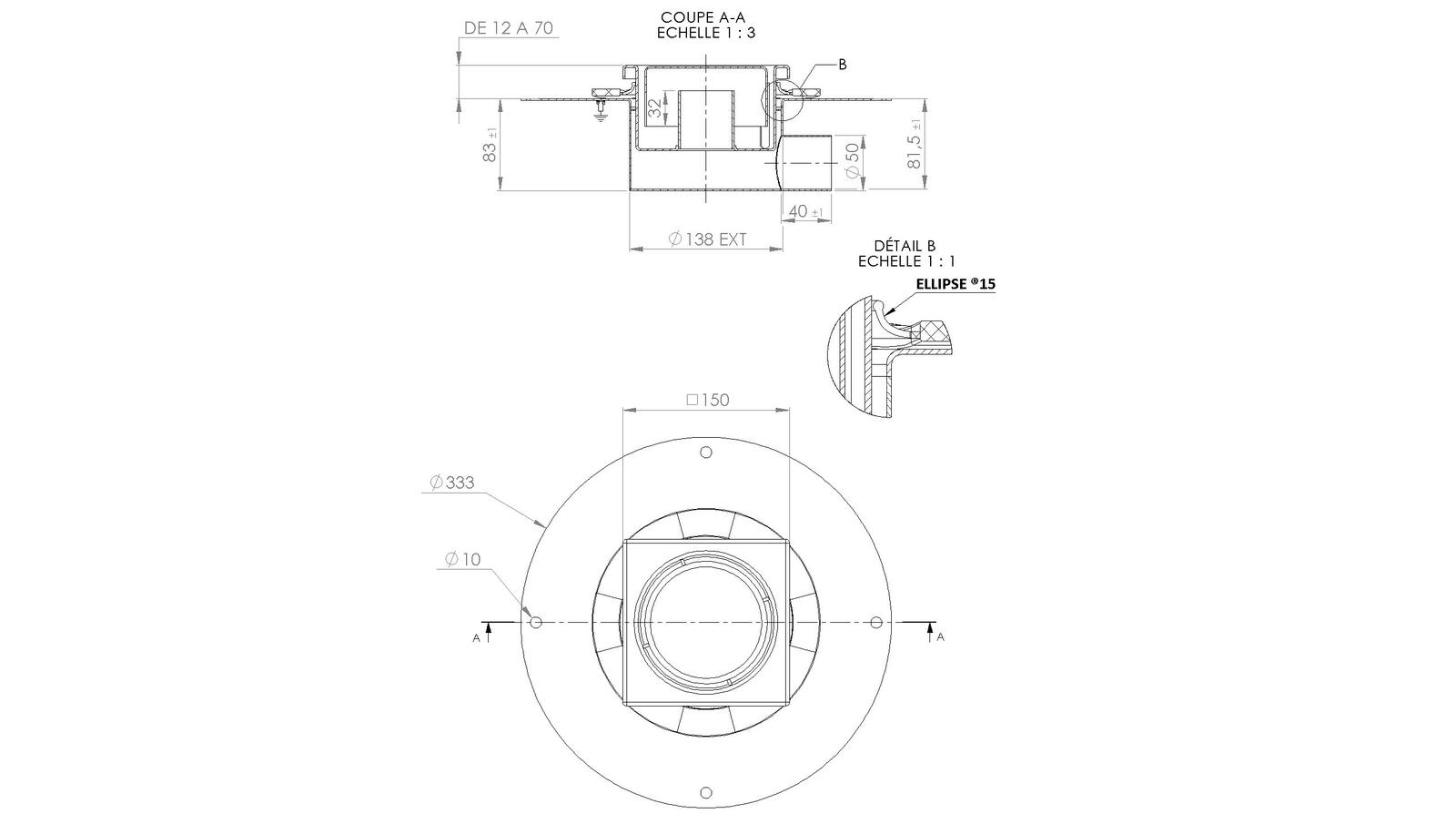 Schéma - 1550FTL - Siphon 150x150 sortie latérale 50 mm Schéma - 1550FTL - Siphon 150x150 sortie latérale 50 mm