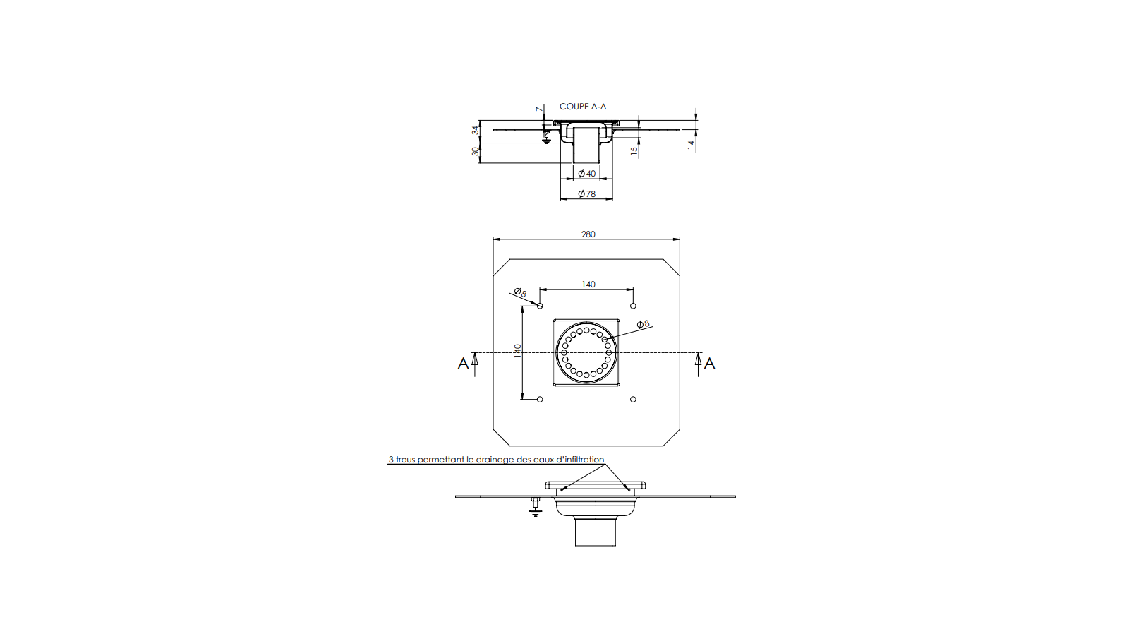 Schéma - 1040D - Floor drain trap 100x100 with a vertical outlet 40 mm Schéma - 1040D - Floor drain trap 100x100 with a vertical outlet 40 mm
