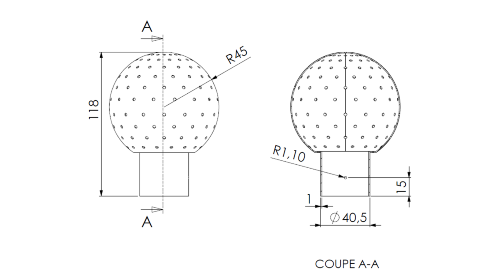 Schéma - 12AX - Ball model 12 Ø90 with connection 38.5x40.5 per pin 