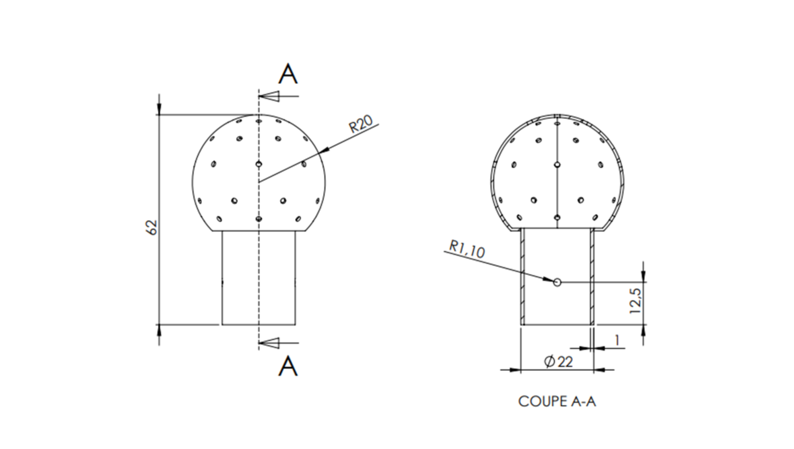 Schéma - 15AX - Ball model 15-16 Ø40 with 20x22 connection per pin Schéma - 15AX - Ball model 15-16 Ø40 with 20x22 connection per pin