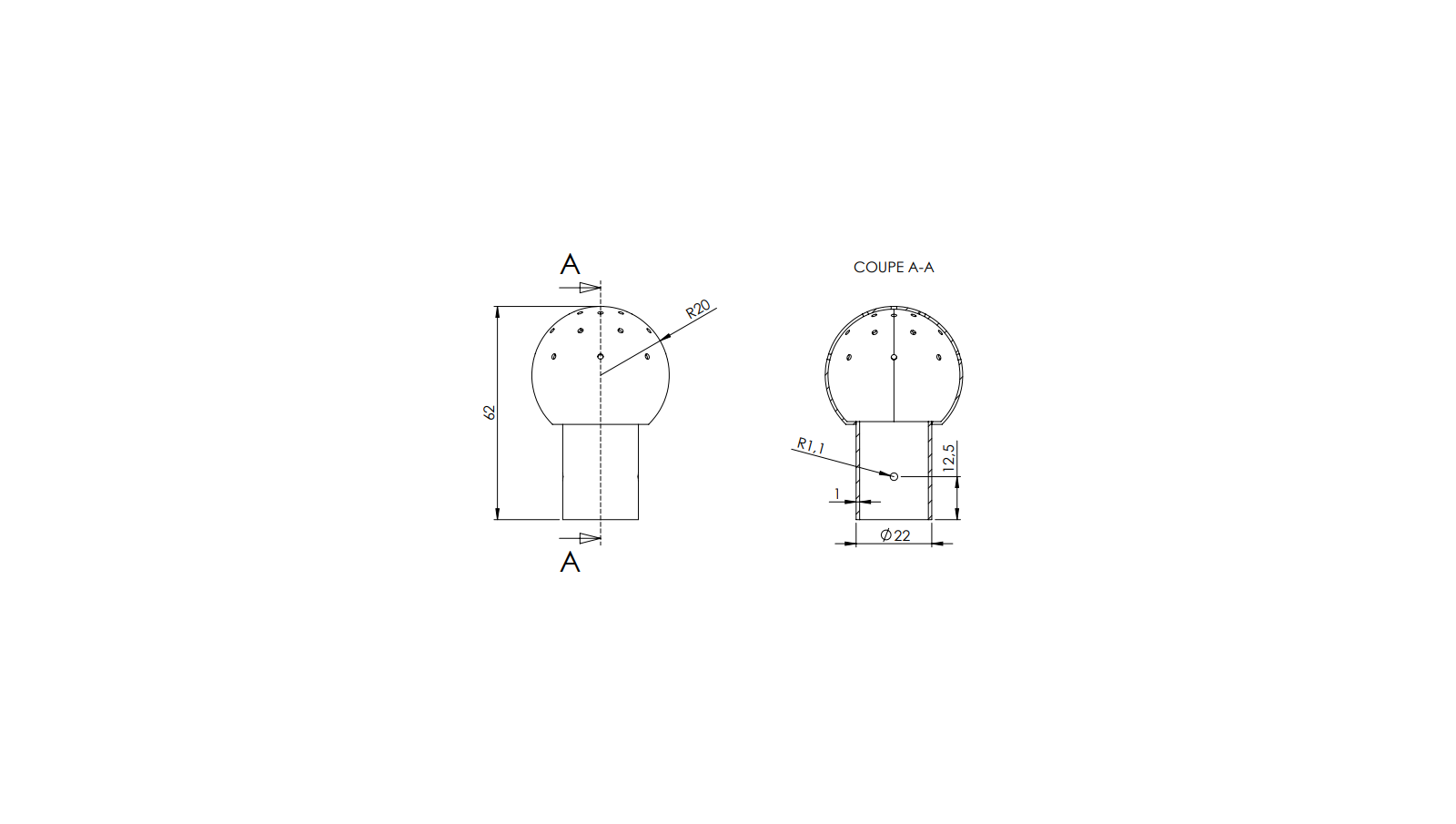 Schéma - 15CX - Boule modèle 15-16 Ø40 avec raccordement 20x22 par goupille Schéma - 15CX - Boule modèle 15-16 Ø40 avec raccordement 20x22 par goupille