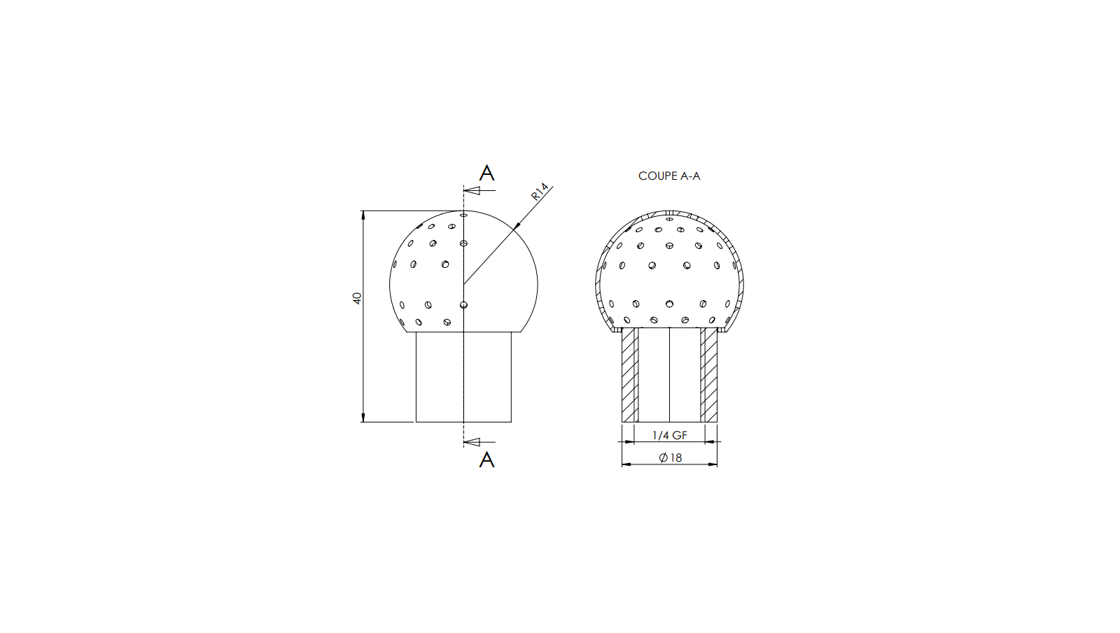 Schéma - 17DX - Boule modèle 17 Ø28 avec raccordement taraudé 1/4 Schéma - 17DX - Boule modèle 17 Ø28 avec raccordement taraudé 1/4