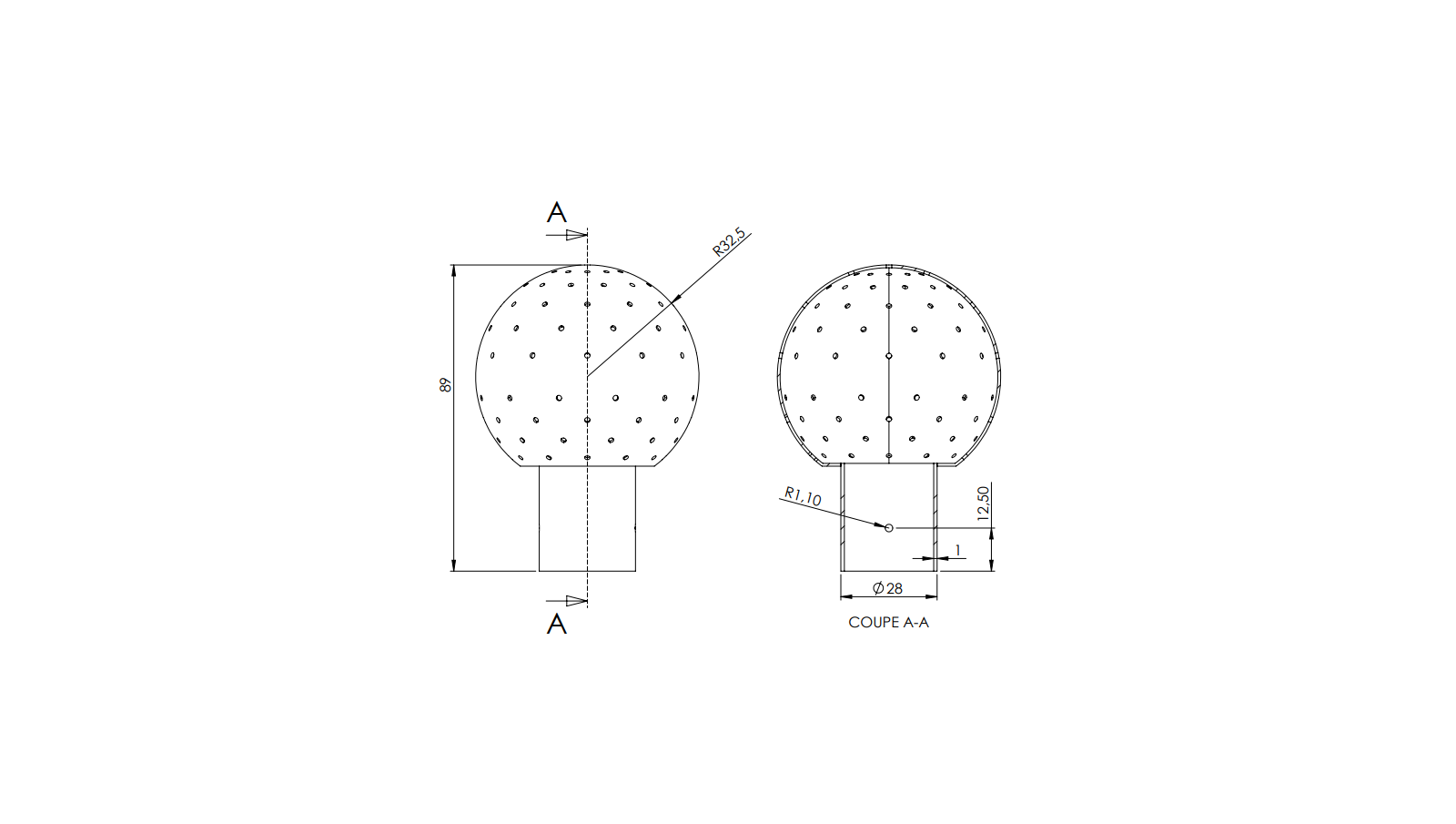 Schéma - 1AX1.6 - Boule modèle 1 Ø65 avec raccordement 26x28 par goupille Schéma - 1AX1.6 - Boule modèle 1 Ø65 avec raccordement 26x28 par goupille