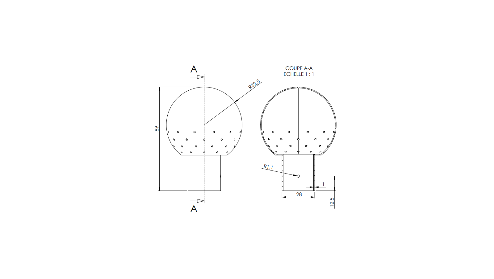 Schéma - 1BX1.6 - Boule modèle 1 Ø65 avec raccordement 26x28 par goupille Schéma - 1BX1.6 - Boule modèle 1 Ø65 avec raccordement 26x28 par goupille