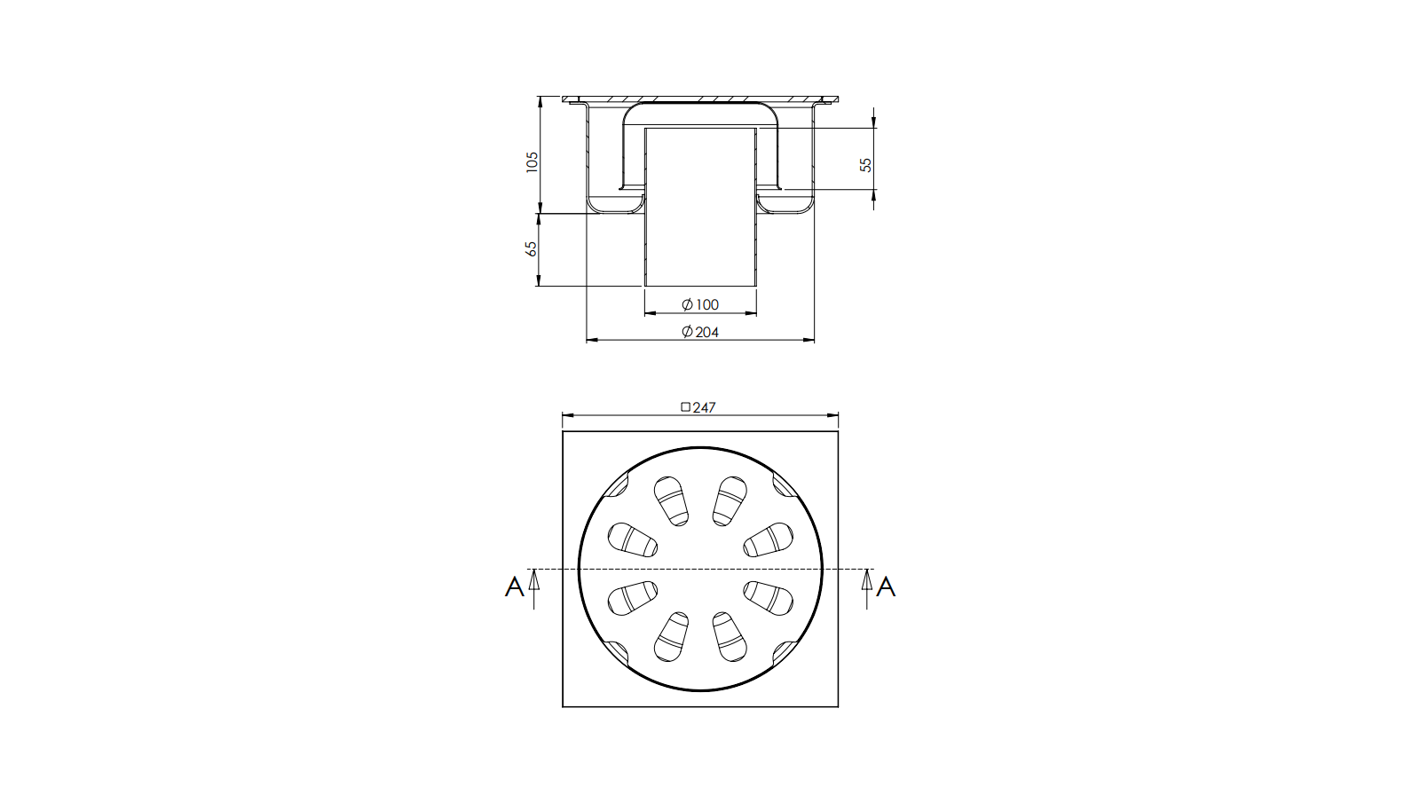 Schéma - 25100 - Floor drain trap 247x247 with a vertical outlet 100 mm