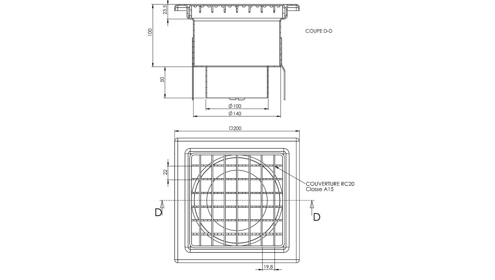 Schéma - A20100-100 - Gully-type floor drain trap 200x200 with a vertical outlet 100 mm