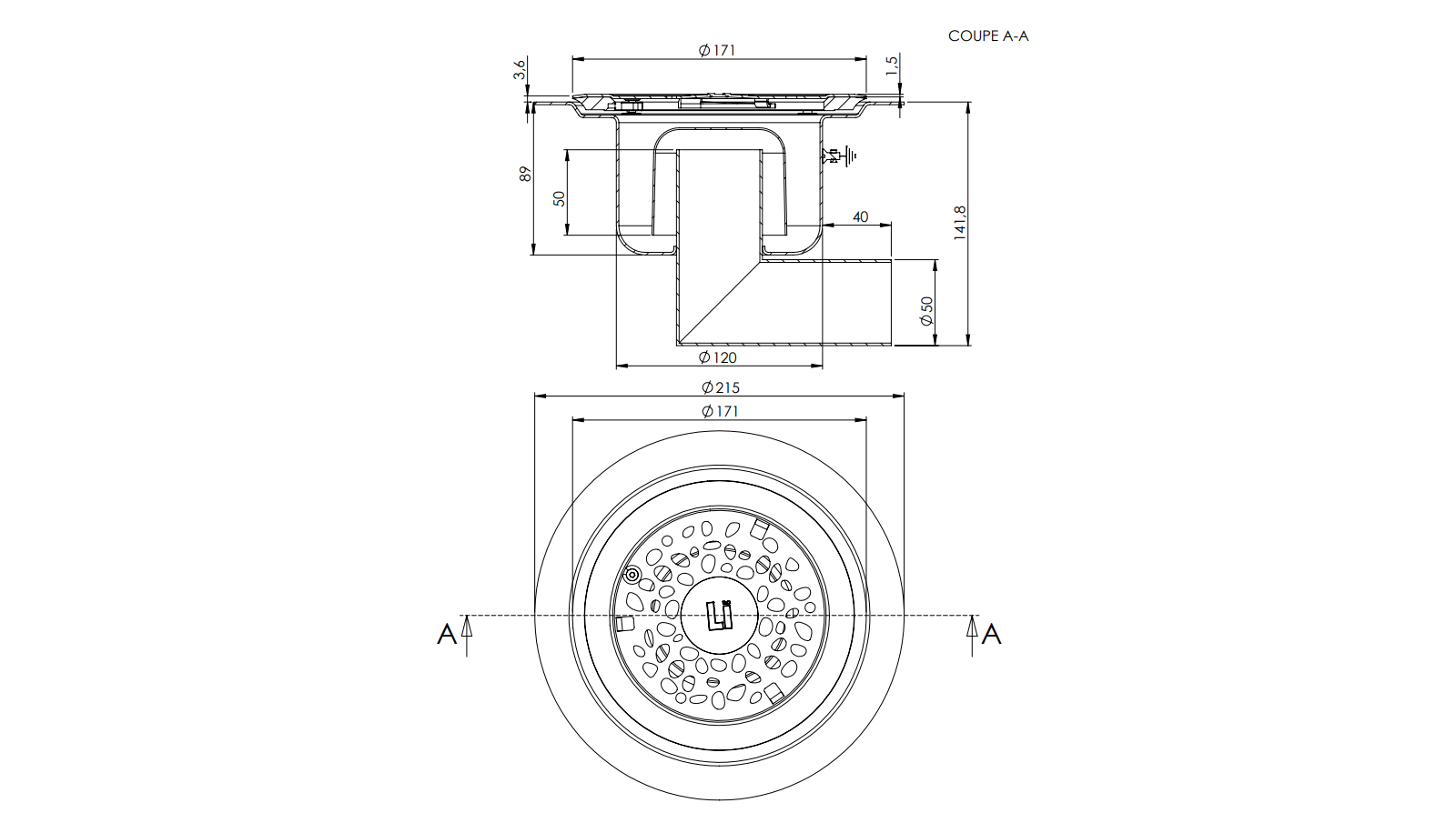 Schéma - 2150LECOV - Siphon rond Ø 215 mm sortie latérale 50 mm Schéma - 2150LECOV - Siphon rond Ø 215 mm sortie latérale 50 mm