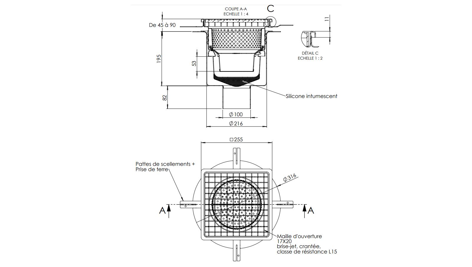 Schéma - 25100IP-FEU - Siphon 255x255 sortie verticale 100 mm