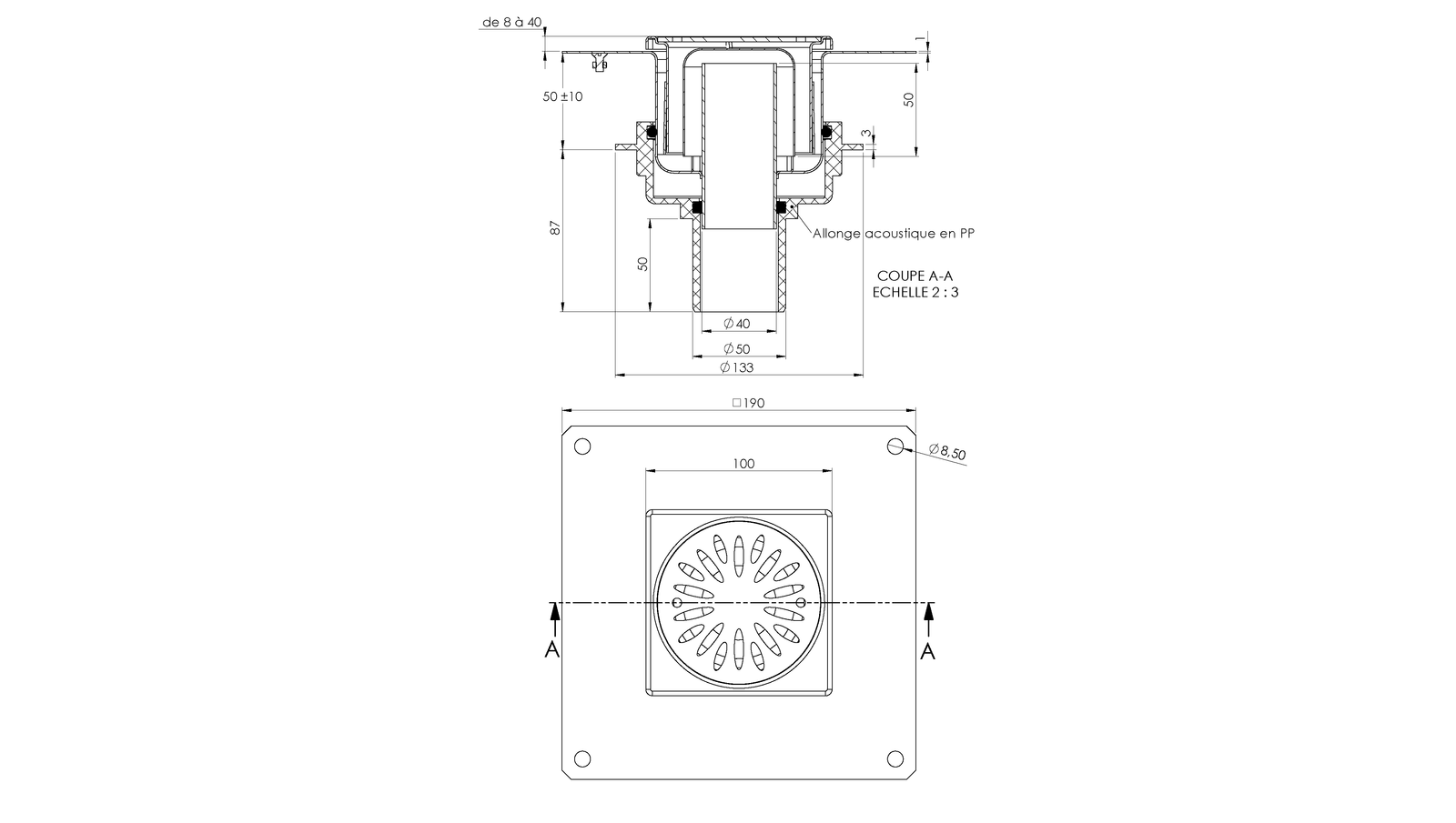 Schéma - 10501AK - Siphon 100x100 sortie verticale 50 mm