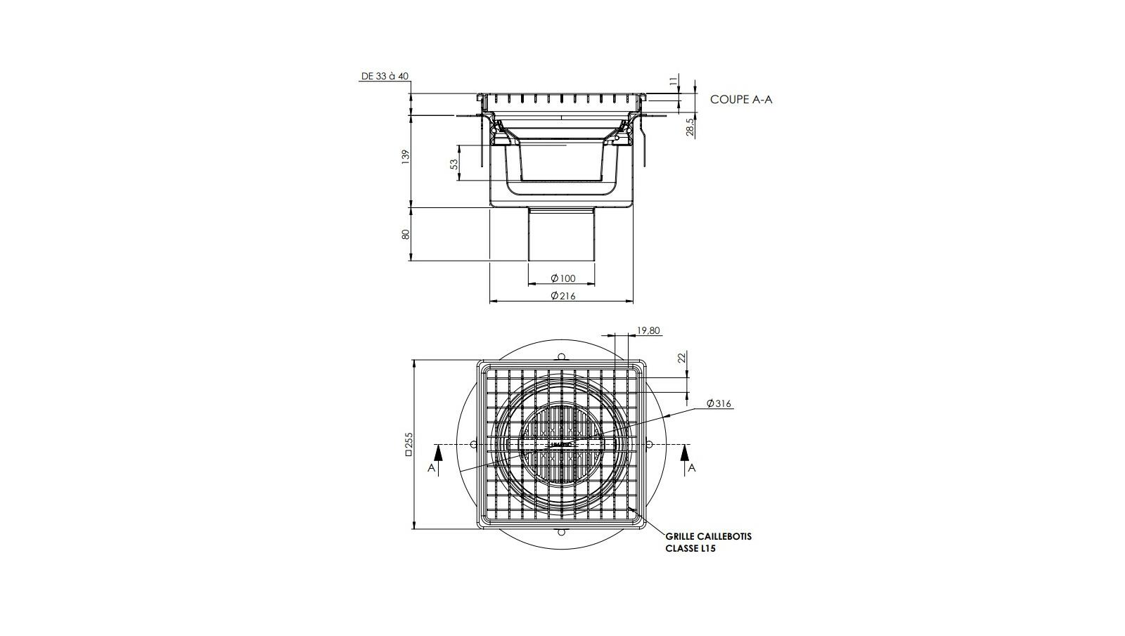 Schéma - 25100IB - Floor drain trap 255x255 with a vertical outlet 100 mm