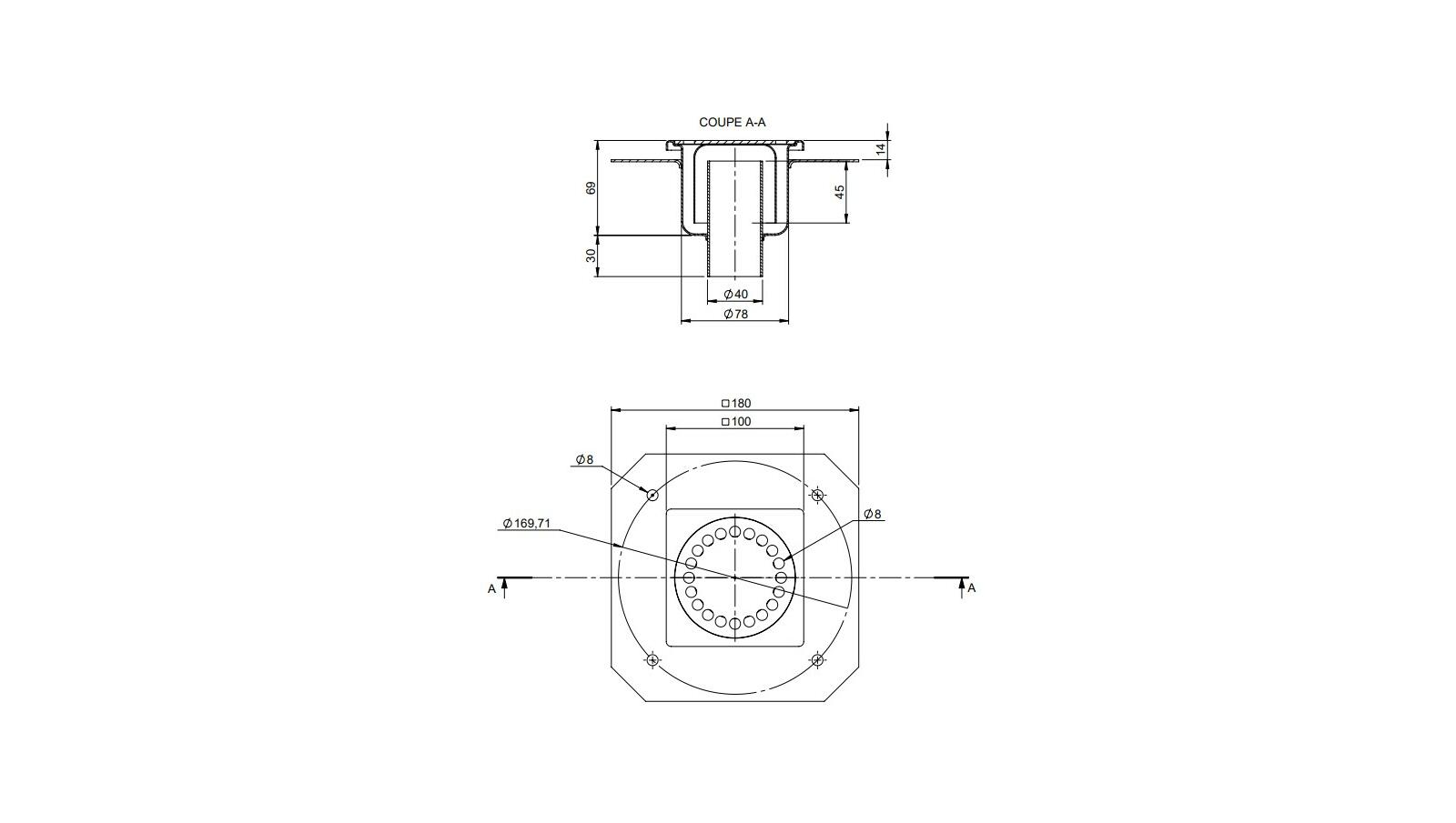 Schéma - 10401D - Siphon 100x100 sortie verticale 40 mm Schéma - 10401D - Siphon 100x100 sortie verticale 40 mm