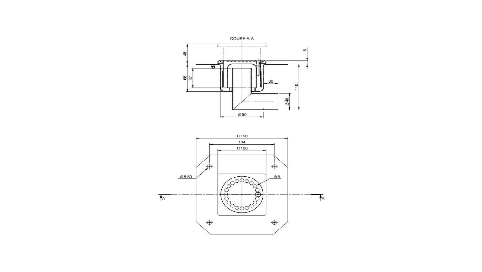 Schéma - 10401RBLDV - Floor drain trap 100x100 with a side outlet 40 mm