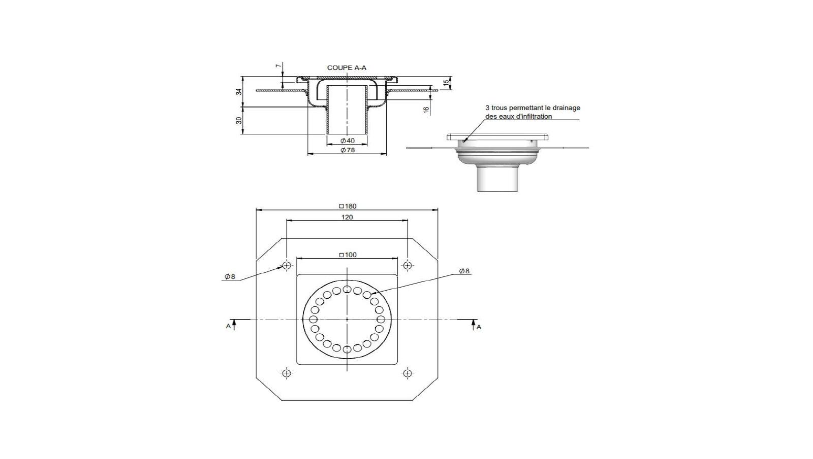 Schéma - 1040D - Siphon 100x100 sortie verticale 40 mm Schéma - 1040D - Siphon 100x100 sortie verticale 40 mm