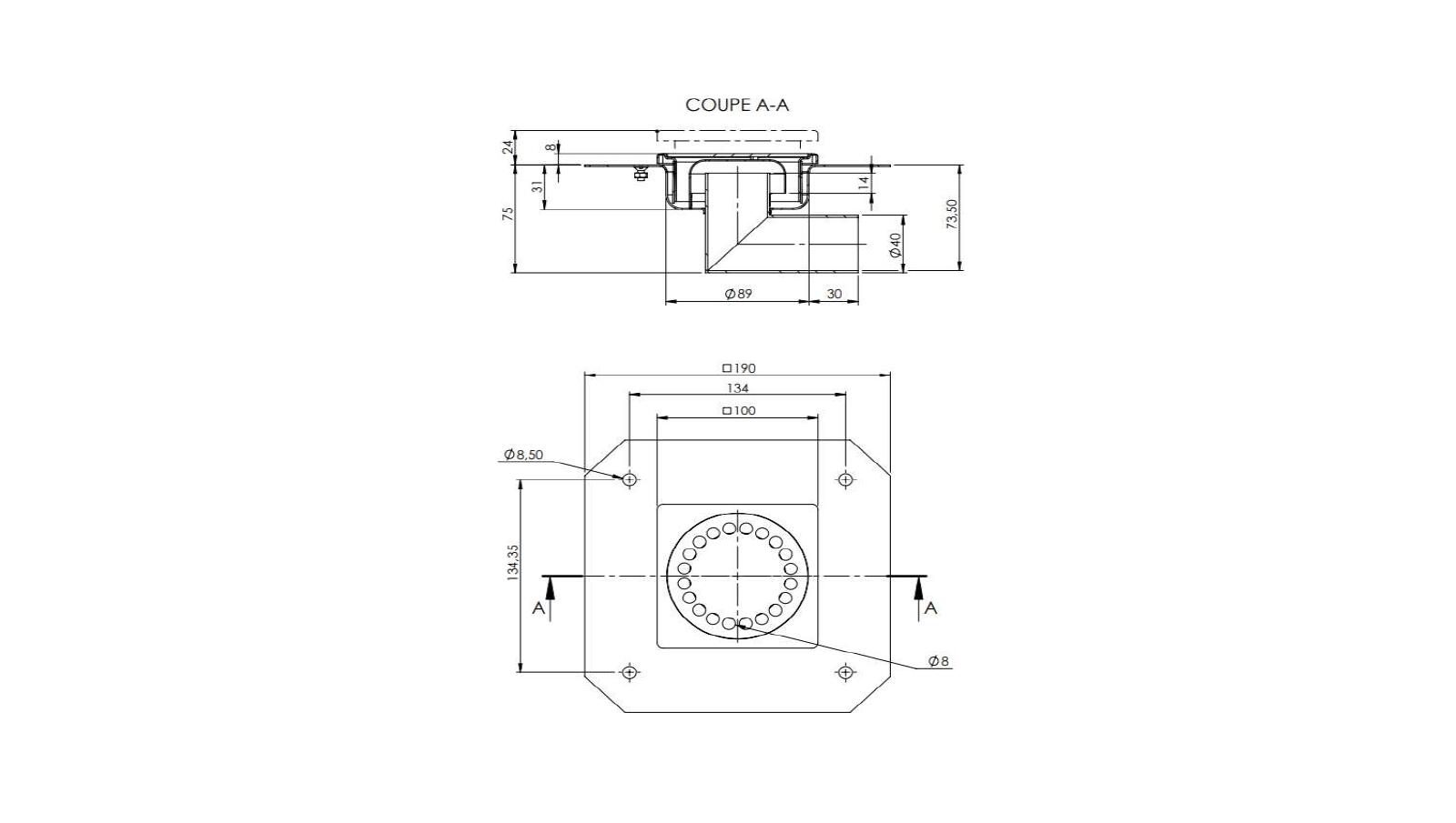 Schéma - 1040RBLD - Siphon 100x100 sortie latérale 40 mm Schéma - 1040RBLD - Siphon 100x100 sortie latérale 40 mm