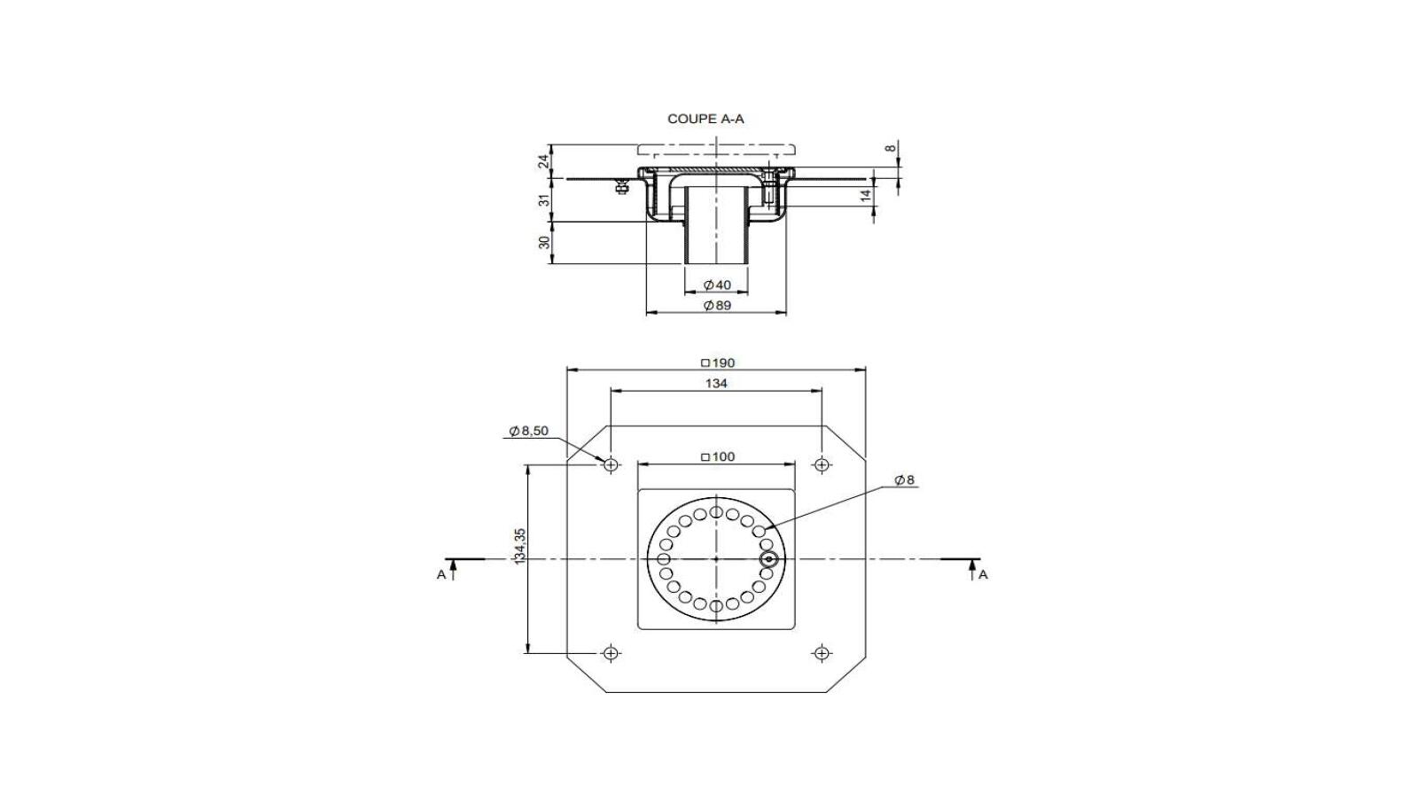 Schéma - 1040RBDV - Siphon 100x100 sortie verticale 40 mm Schéma - 1040RBDV - Siphon 100x100 sortie verticale 40 mm