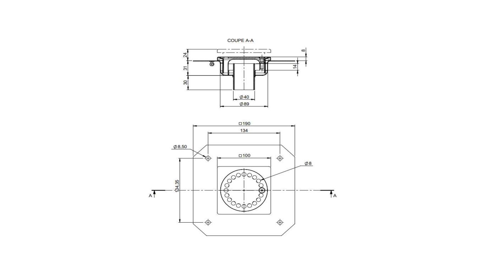 Schéma - 1040RBDV - Siphon 100x100 sortie verticale 40 mm