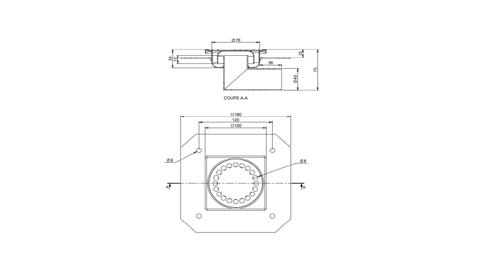 Schéma - 1040LD - Siphon 100x100 sortie latérale 40 mm Schéma - 1040LD - Siphon 100x100 sortie latérale 40 mm