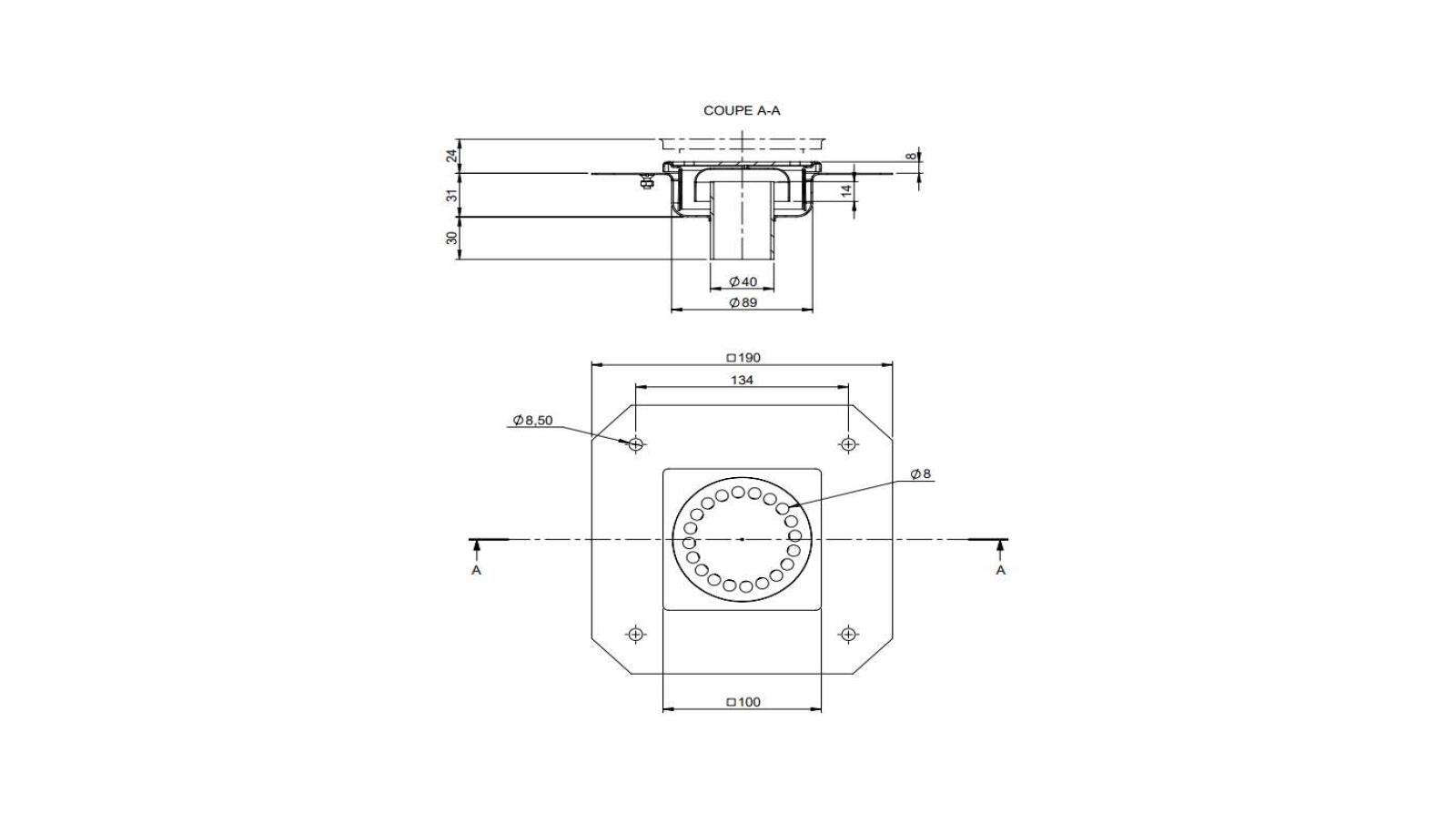 Schéma - 1040RBD - Siphon 100x100 sortie verticale 40 mm Schéma - 1040RBD - Siphon 100x100 sortie verticale 40 mm