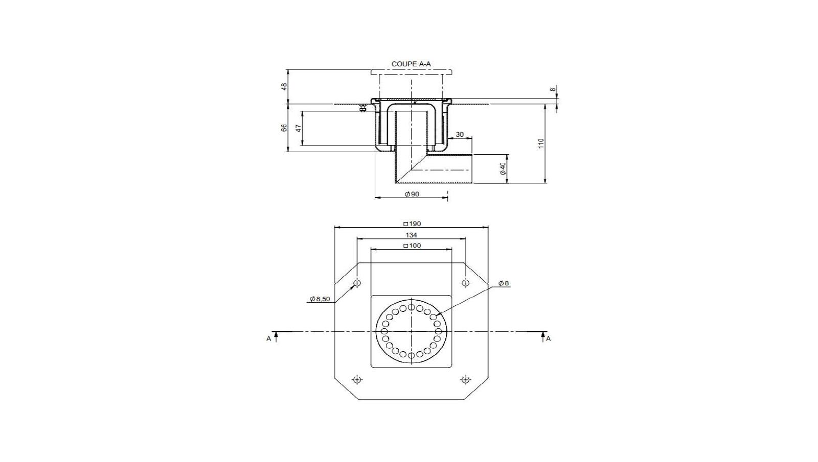 Floor drain trap 100x100 with a side outlet 40 mm