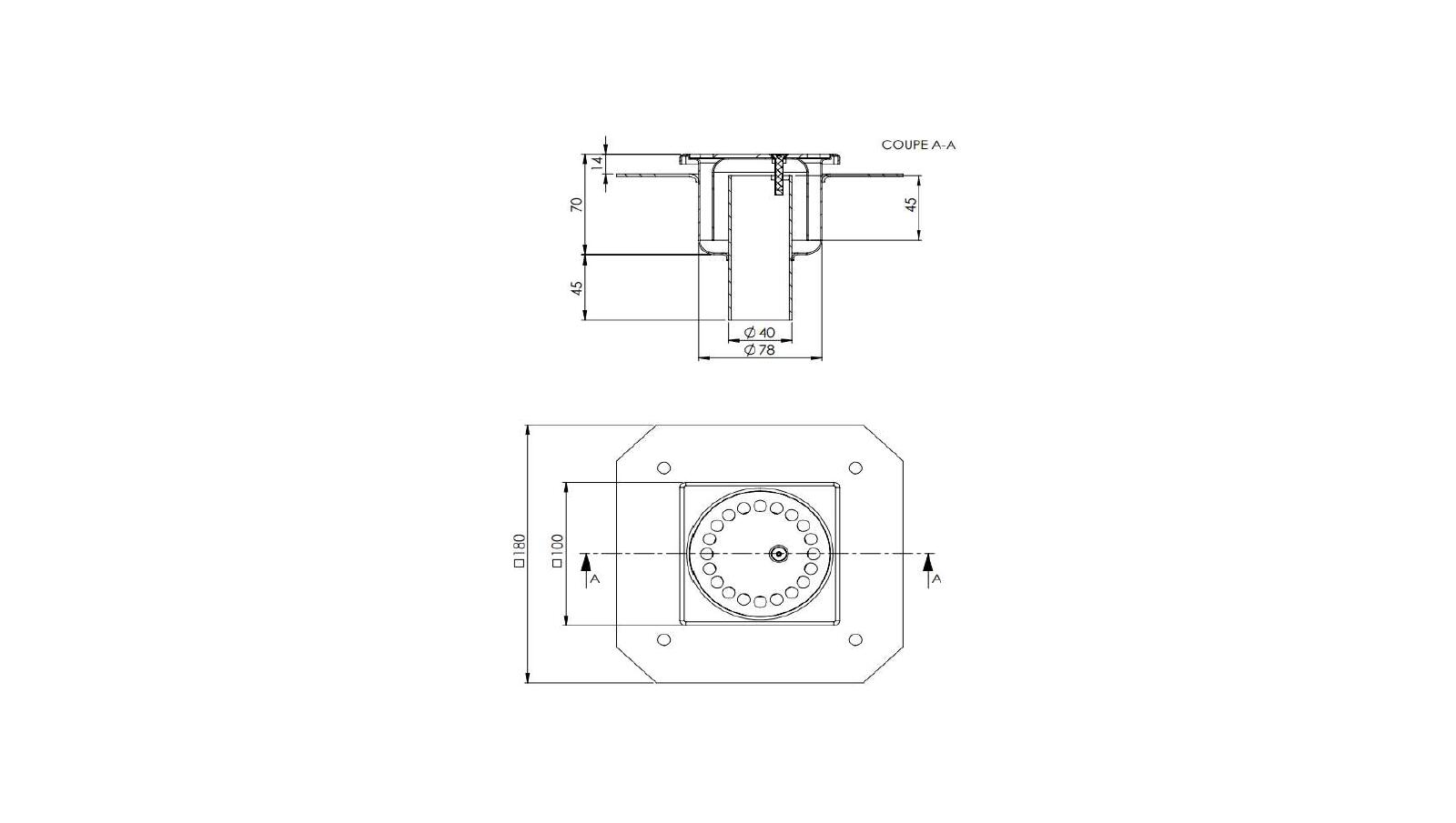 Schéma - 10401VD - Floor drain trap 100x100 with a vertical outlet 40 mm